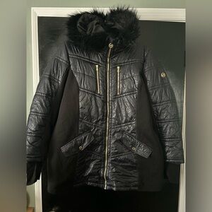 Michael Kors Black Quilted Puffer Coat with Fur Trim Hood